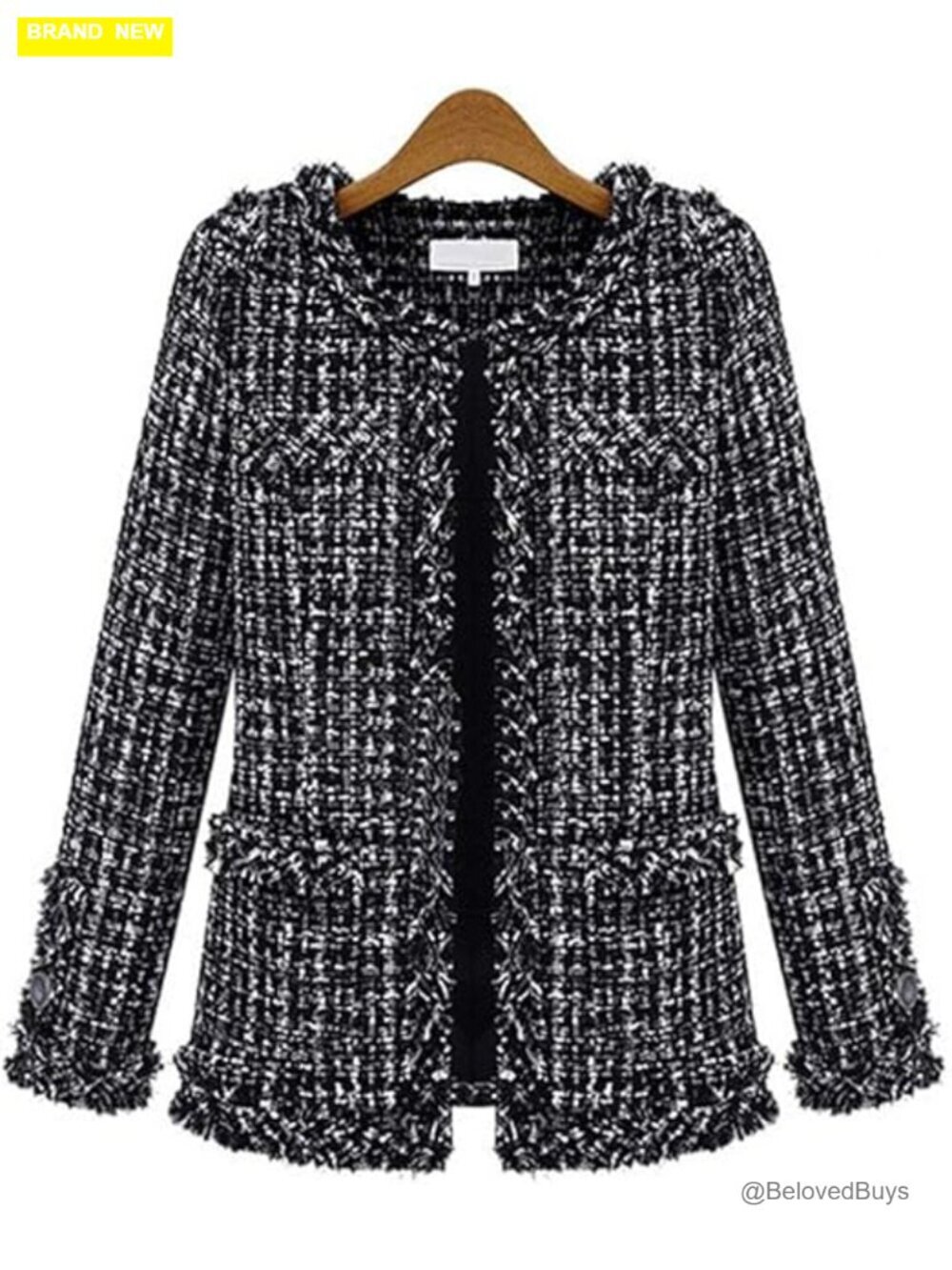 Fringed Plaid Tweed Jacket - Open Front Round Neck Blazer